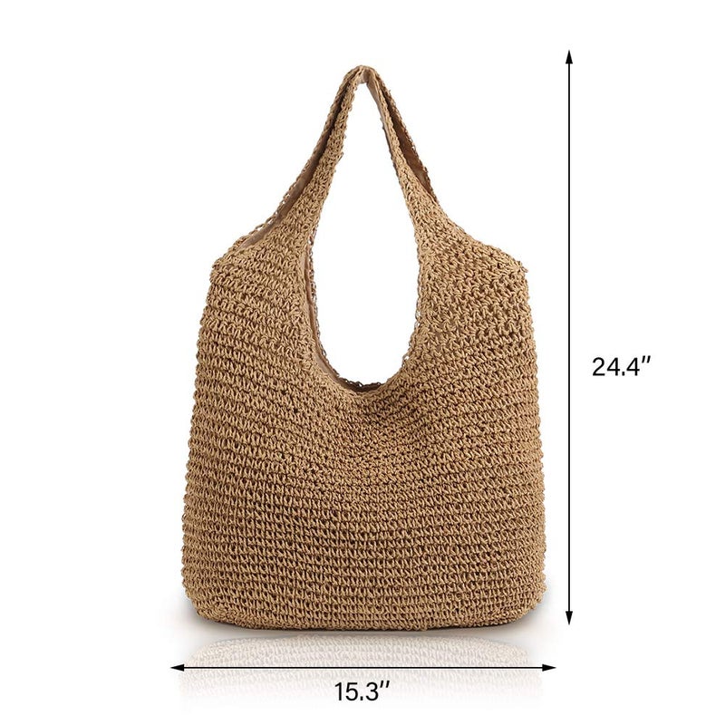 QTKJ Hand-woven Soft Large Straw Shoulder Bag Boho Straw Handle Tote Retro Summer Beach Bag Rattan Handbag (Khaki) - Image 2